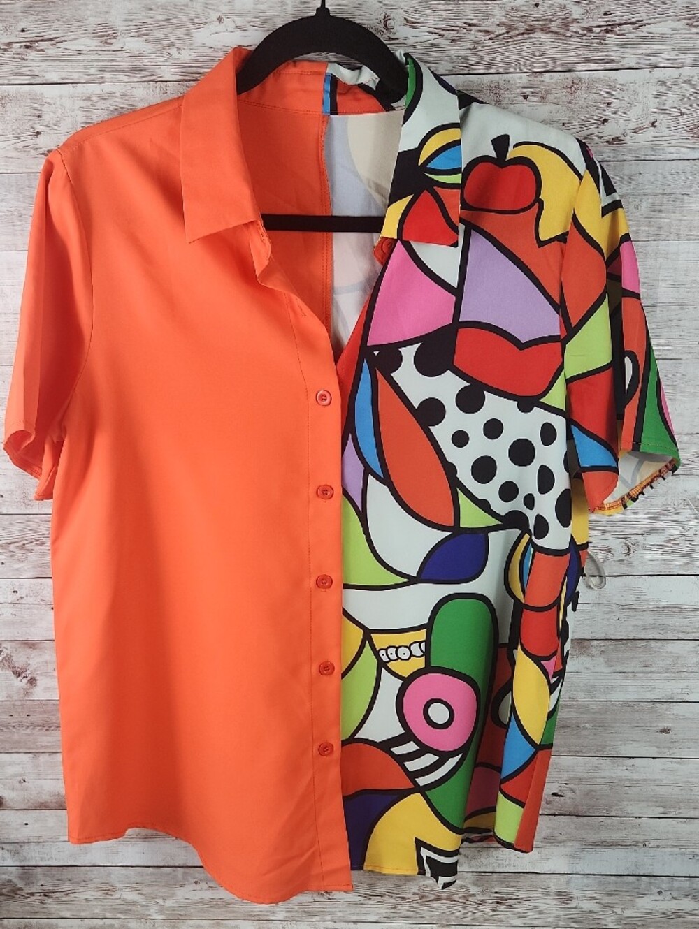 SHEIN Orange Mixed-Print Button Down Shirt - Picture 2 of 7